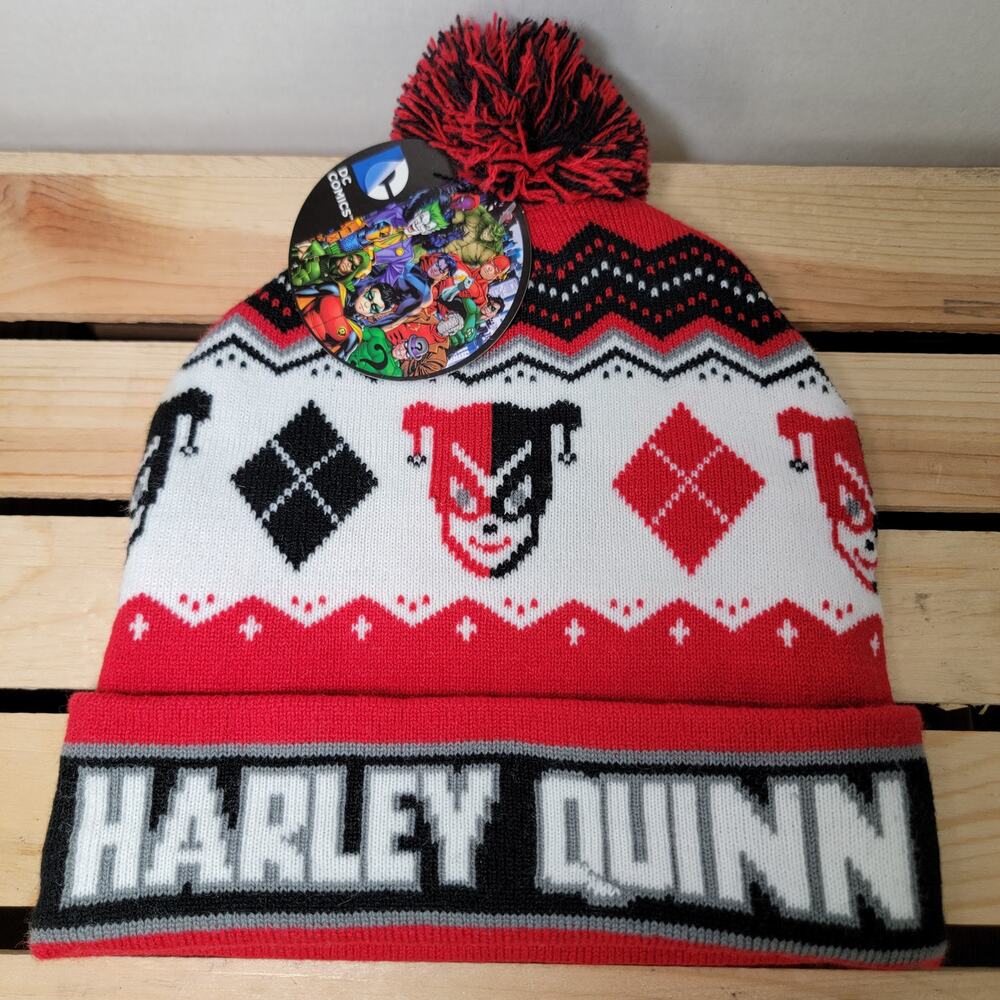 DC Comics Harley Quinn Red White & Black Knit Beanie w/ Pom - OS NWT